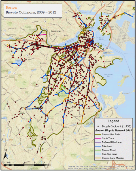 Bicycle crashes as reported by Boston Police, 2009-2012
